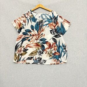 C &‎ C California Womens Linen Blouse 2X Floral Leaf Lightweight Coastal Beachy